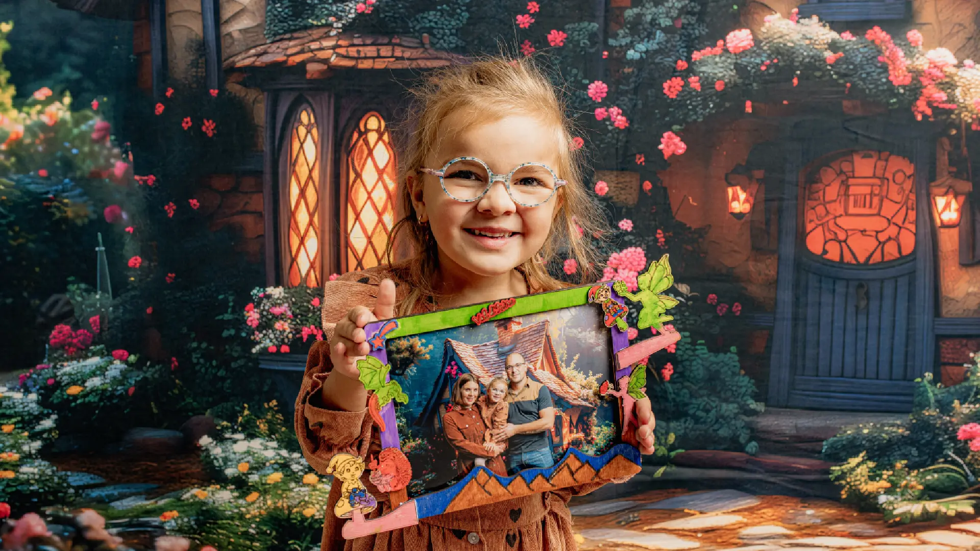 Une fille devant une cabane magique qui tient un cadre photo entre les mains